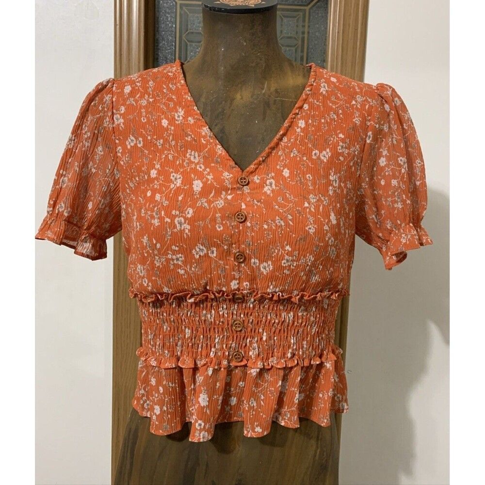 NWT Paper Crane Rust Orange Floral Smocked Crop Top